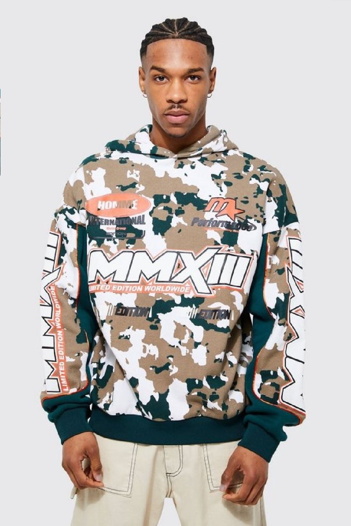 Unisex Oversize Motosport Kapşonlu Kamuflaj Sweatshirt
