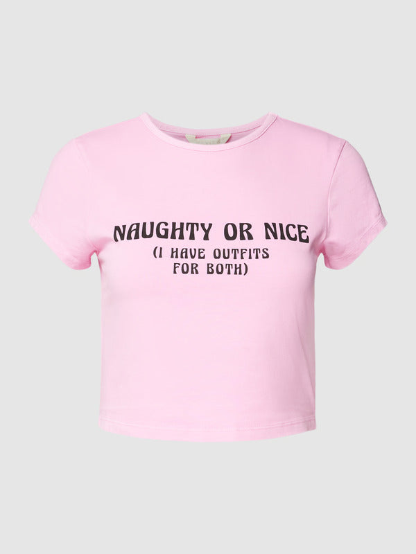 Pembe Bisiklet Yaka NAUGHTY OR NICE Baskılı Crop T-Shirt