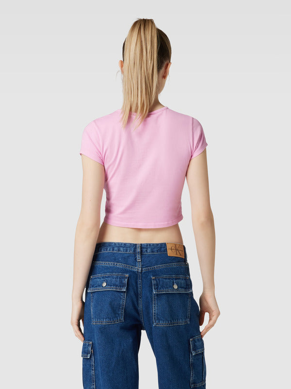 Pembe Bisiklet Yaka NAUGHTY OR NICE Baskılı Crop T-Shirt