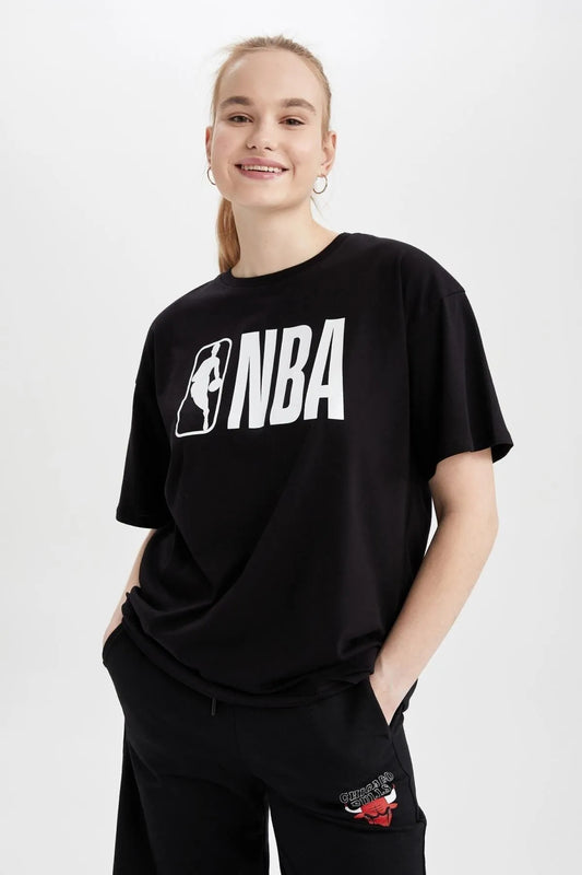 Unisex Oversize NBA Baskılı Siyah T-Shirt