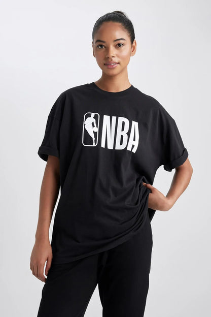 Unisex Oversize NBA Baskılı Siyah T-Shirt