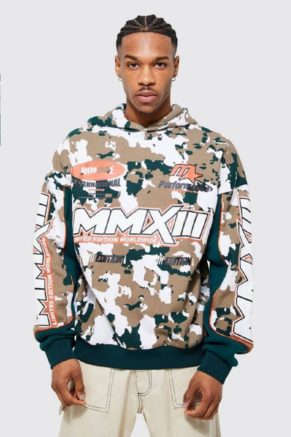 Unisex Oversize Motosport Kapşonlu Kamuflaj Sweatshirt