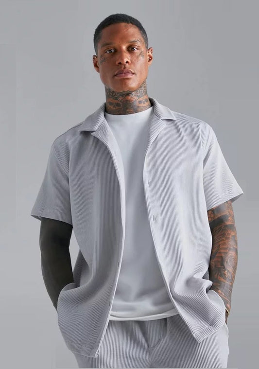 Oversize Premium Fitilli Kısa Kol Ottoman GREY Gömlek